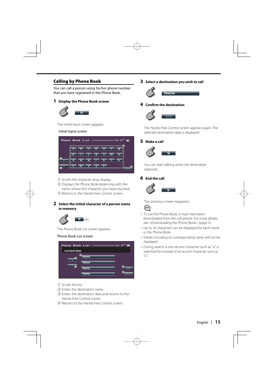 Calling by phone book | Kenwood KCA-BT100 User Manual | Page 15 / 22