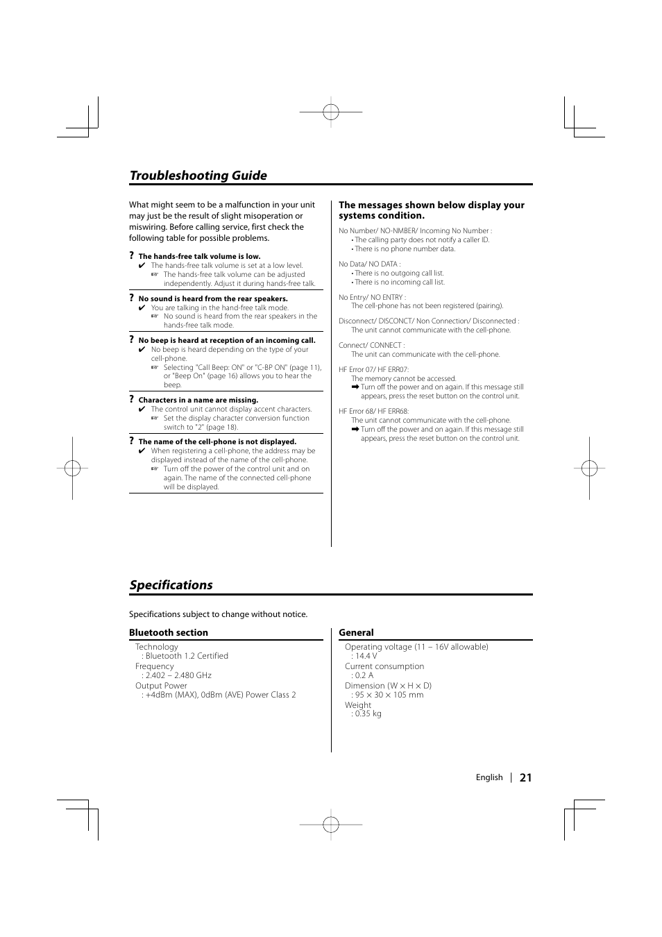 Troubleshooting guide, Specifications | Kenwood KCA-BT100 User Manual | Page 21 / 22