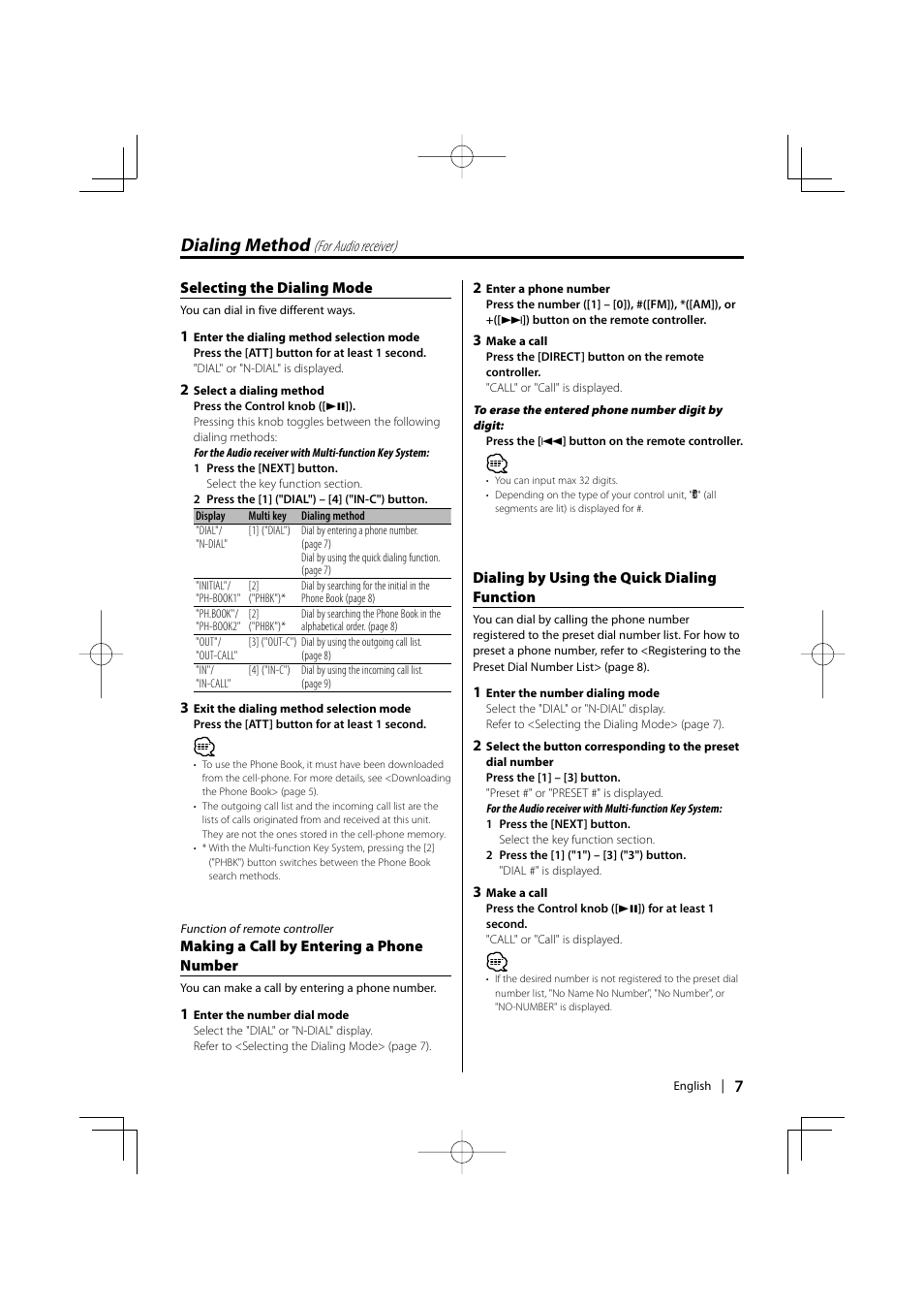 Dialing method | Kenwood KCA-BT100 User Manual | Page 7 / 22