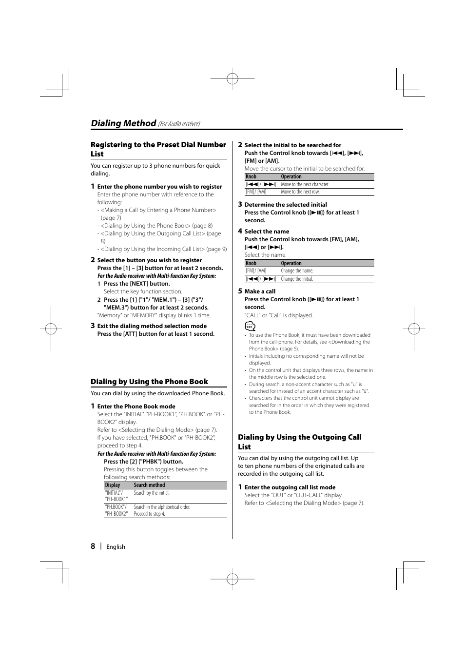 Dialing method | Kenwood KCA-BT100 User Manual | Page 8 / 22