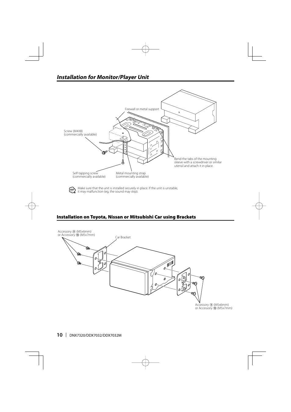 Installation for monitor/player unit | Kenwood DDX7032 User Manual | Page 10 / 36