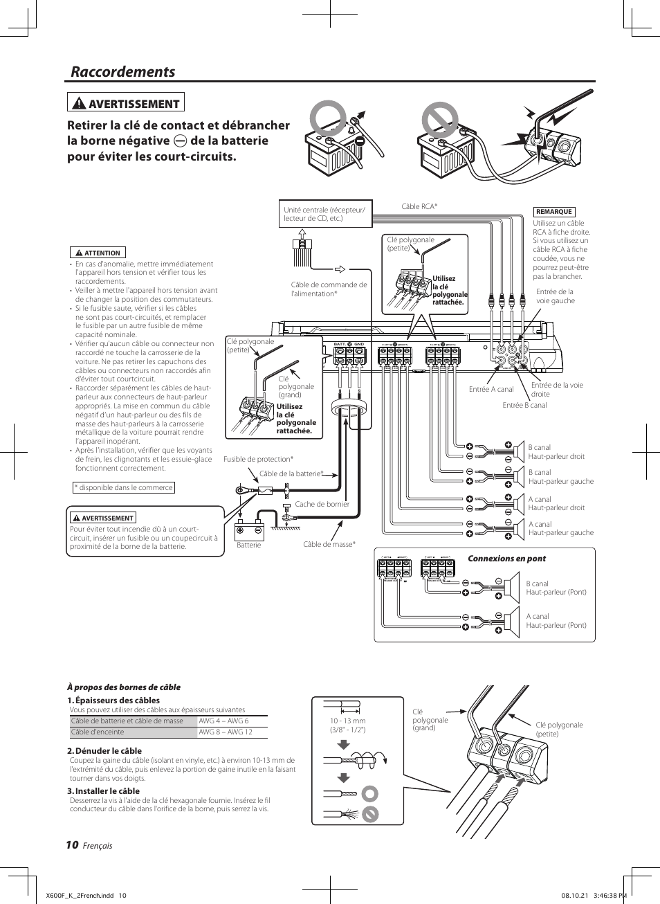 Raccordements, Avertissement | Kenwood X600F User Manual | Page 10 / 20