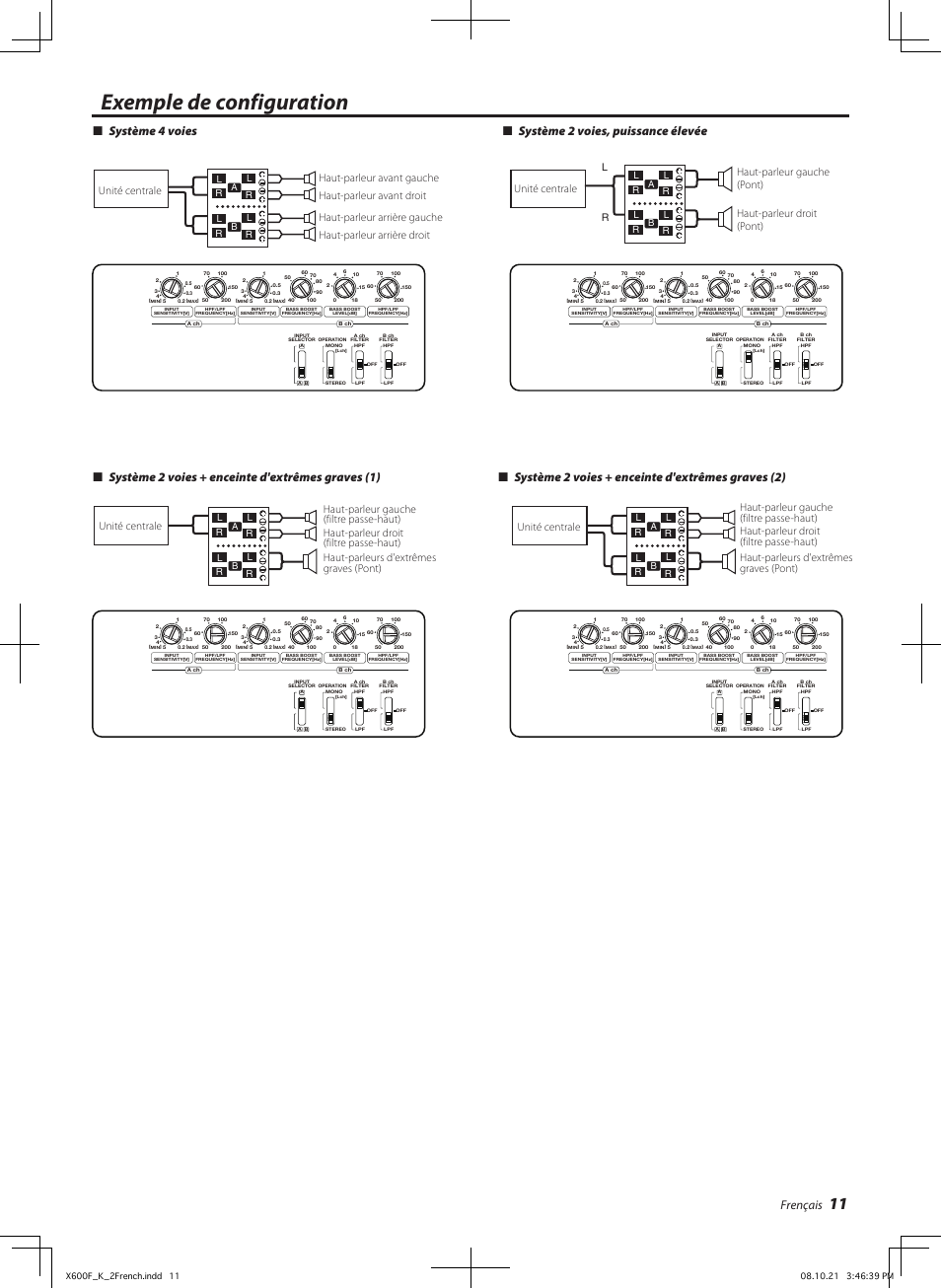 Exemple de configuration, Frençais, Système 2 voies + enceinte d'extrêmes graves (1) | Système 2 voies + enceinte d'extrêmes graves (2), Unité centrale | Kenwood X600F User Manual | Page 11 / 20
