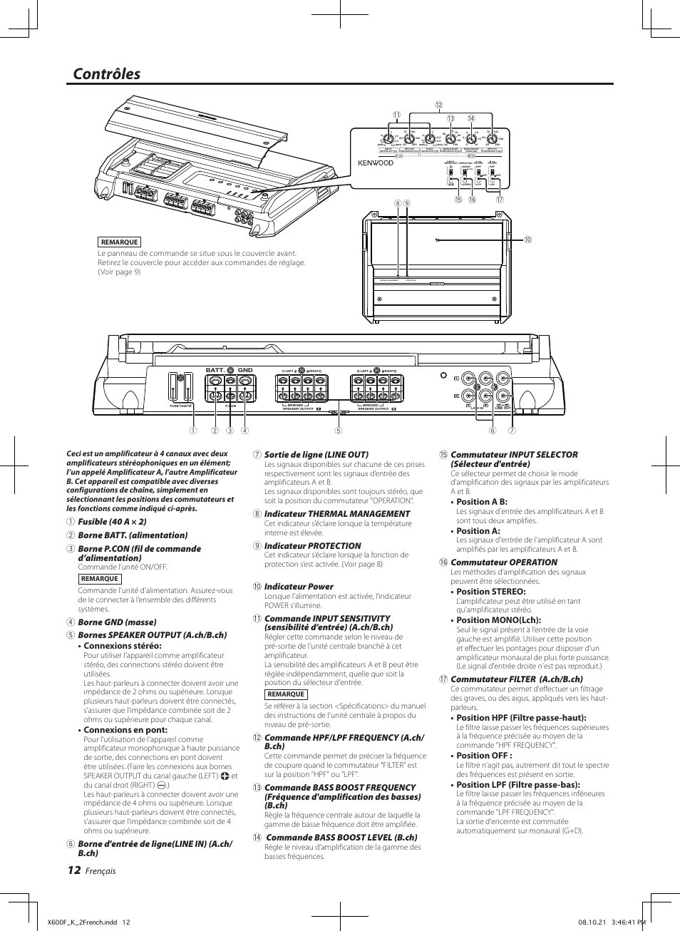 Contrôles, Frençais, Connexions en pont | 8indicateur thermal management, 9indicateur protection, 0indicateur power, Commande hpf/lpf frequency (a.ch/ b.ch), Commande bass boost level (b.ch), Commutateur input selector (sélecteur d'entrée), Position a b | Kenwood X600F User Manual | Page 12 / 20