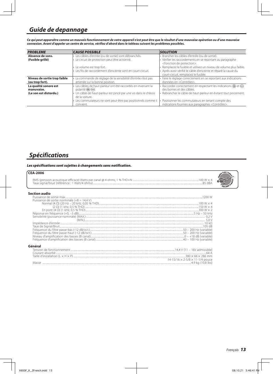Guide de depannage spécifications | Kenwood X600F User Manual | Page 13 / 20
