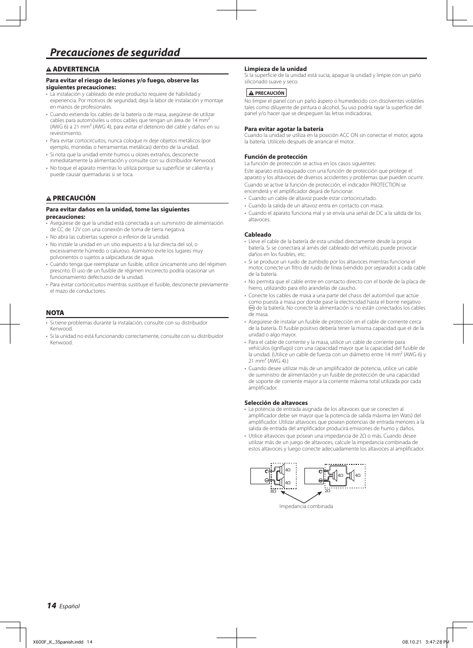 Precauciones de seguridad | Kenwood X600F User Manual | Page 14 / 20