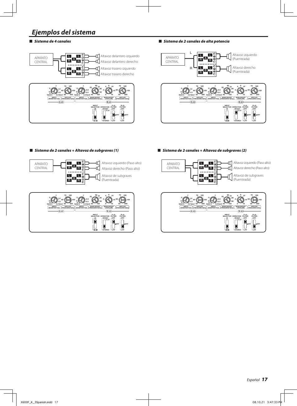 Ejemplos del sistema, Español, Sistema de 2 canales + altavoz de subgraves (1) | Sistema de 2 canales + altavoz de subgraves (2), Aparato central | Kenwood X600F User Manual | Page 17 / 20