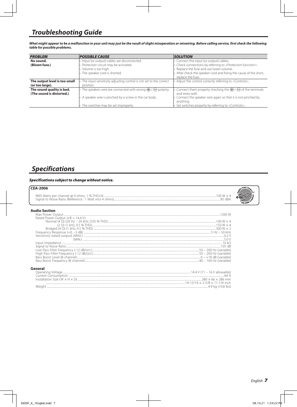 Troubleshooting guide specifications | Kenwood X600F User Manual | Page 7 / 20