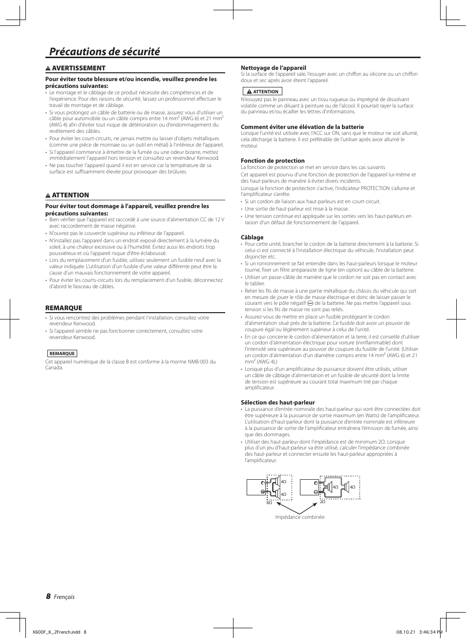 Précautions de sécurité | Kenwood X600F User Manual | Page 8 / 20