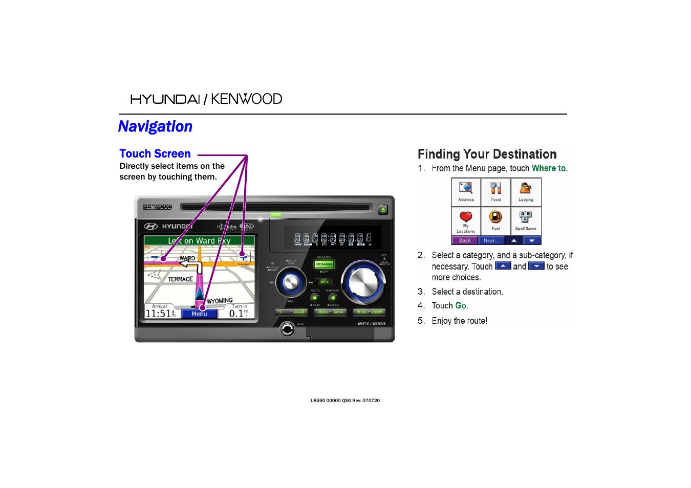 Navigation, Touch screen, Quick start guide | Kenwood U8590 00000 User Manual | Page 5 / 6