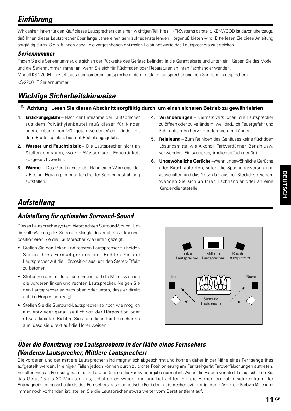 German, Einführung, Aufstellung | Wichtige sicherheitshinweise, Aufstellung für optimalen surround-sound, Seriennummer | Kenwood KS-2200HT User Manual | Page 11 / 28