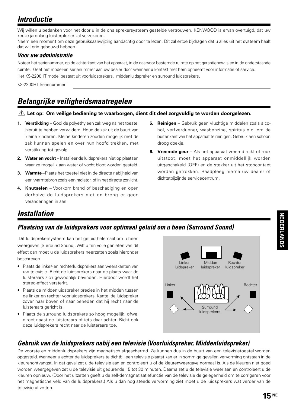 Dutch, Installation, Belangrijke veiligheidsmaatregelen | Introductie, Voor uw administratie | Kenwood KS-2200HT User Manual | Page 15 / 28