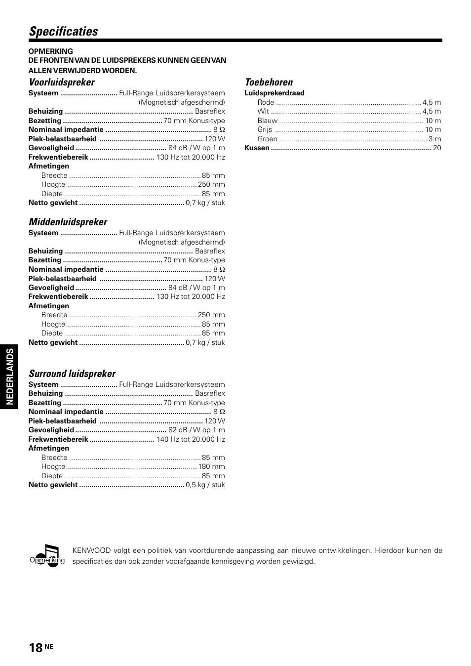 Specificaties, Toebehoren, Voorluidspreker | Middenluidspreker, Surround luidspreker | Kenwood KS-2200HT User Manual | Page 18 / 28