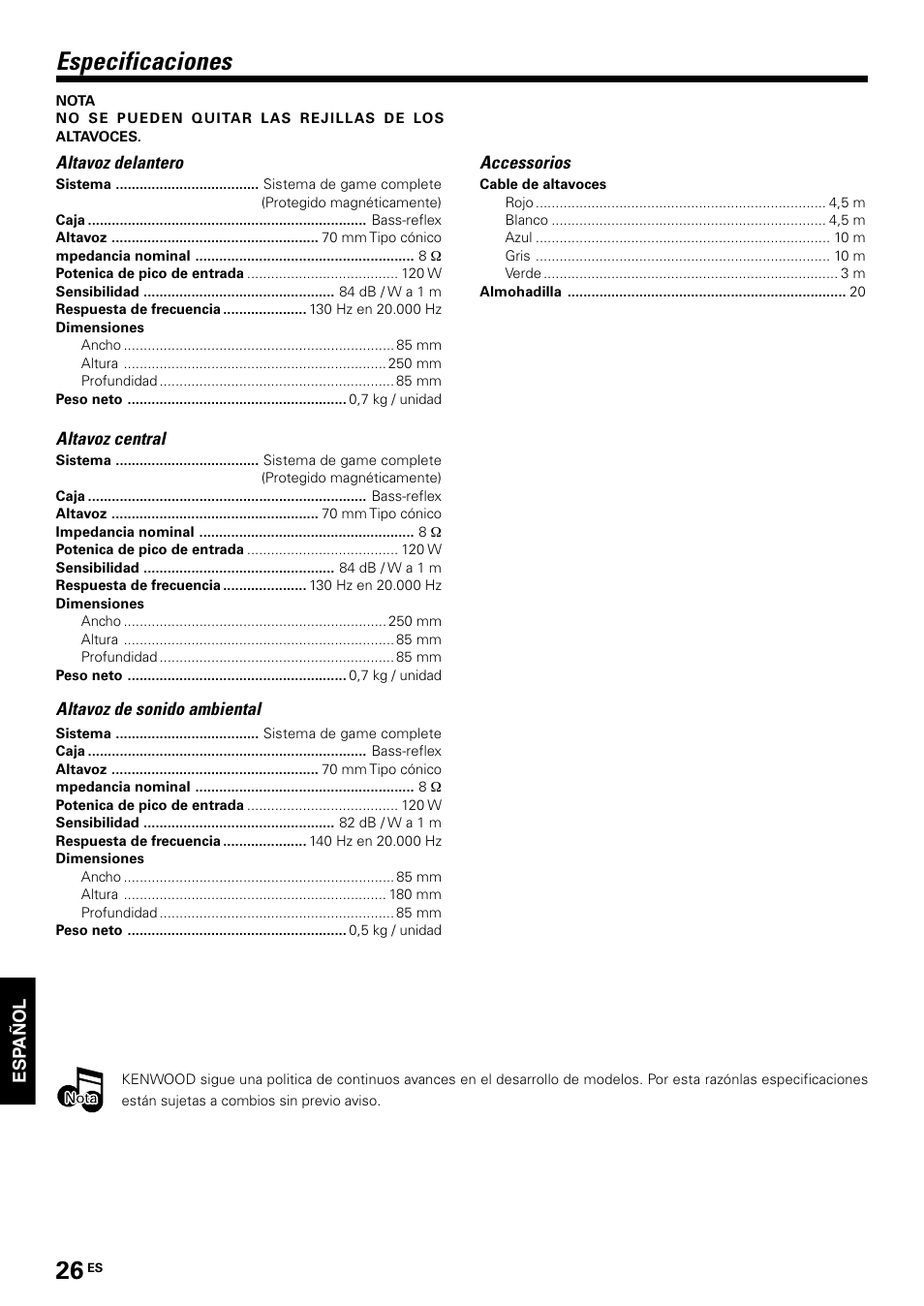 Especificaciones | Kenwood KS-2200HT User Manual | Page 26 / 28