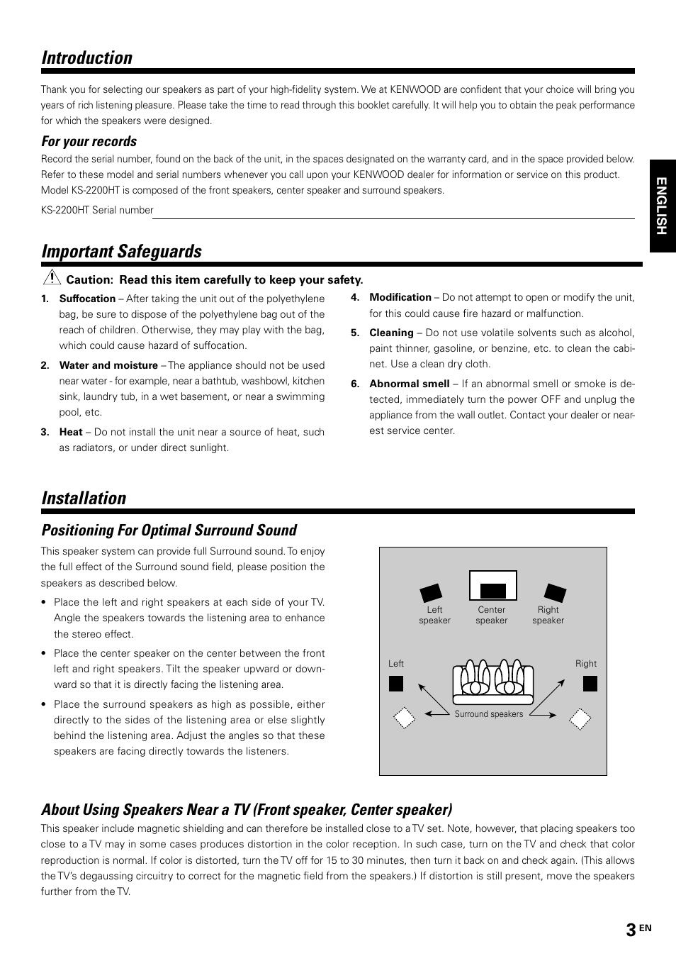 English, Introduction, Important safeguards | Installation, Positioning for optimal surround sound, For your records | Kenwood KS-2200HT User Manual | Page 3 / 28