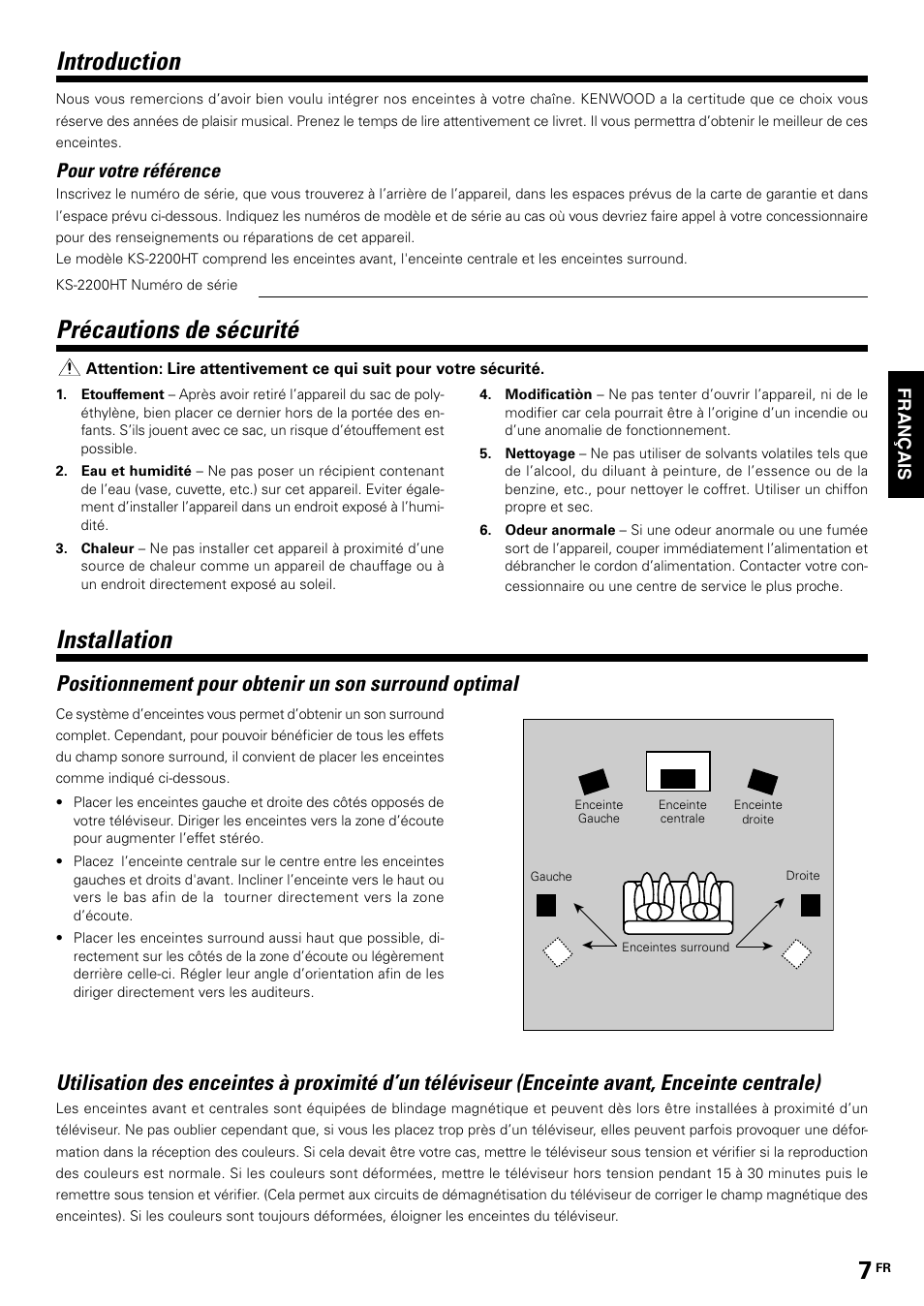 French, Précautions de sécurité, Introduction | Installation, Pour votre référence | Kenwood KS-2200HT User Manual | Page 7 / 28