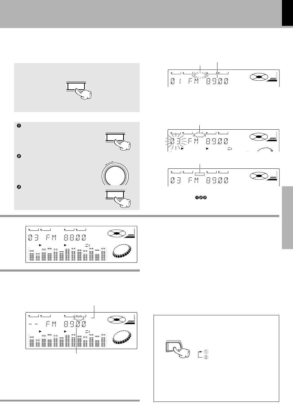 3 f m 8 9 ) ), 1 f m 8 9 ) ), 3 f m 8 8 ) ) | F m 8 9 ) ), Collective presetting of stations, Select the tuning mode, One-by-one presetting, Auto preset), Manual preset), Let's put out some sound | Kenwood XD-500 User Manual | Page 25 / 60