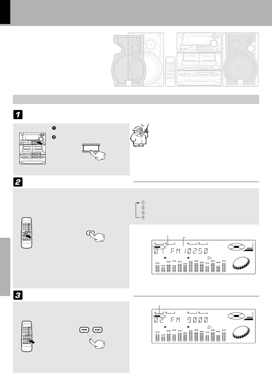 2 f m 9 ) ) ), 1 f m ) 2 5 ), Select the desired information | Auto preset the stations, Receive an rds station, Set the reception band to fm | Kenwood XD-500 User Manual | Page 38 / 60