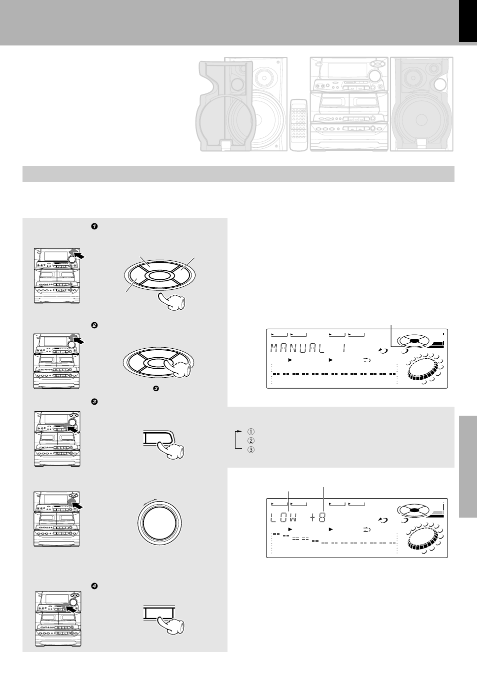 L o w + 8, 3 adjust the equalizer pattern, Manual 3 manual 2 manual 1 | Select the frequency band. mode, Go to step 3 within 3 sec | Kenwood XD-500 User Manual | Page 47 / 60