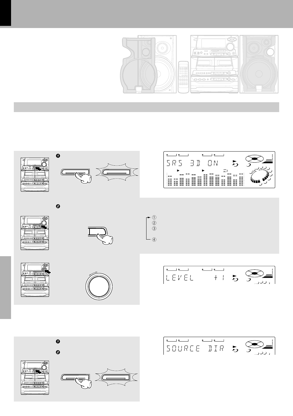 Enjoying sound field effects, Source direct for making the sound purer, Experiencing srs 3d | S r s 3 d o n, Effective sound adjustment, 1 set srs 3d to on, 2 adjust the effect strength (level) | Kenwood XD-500 User Manual | Page 48 / 60