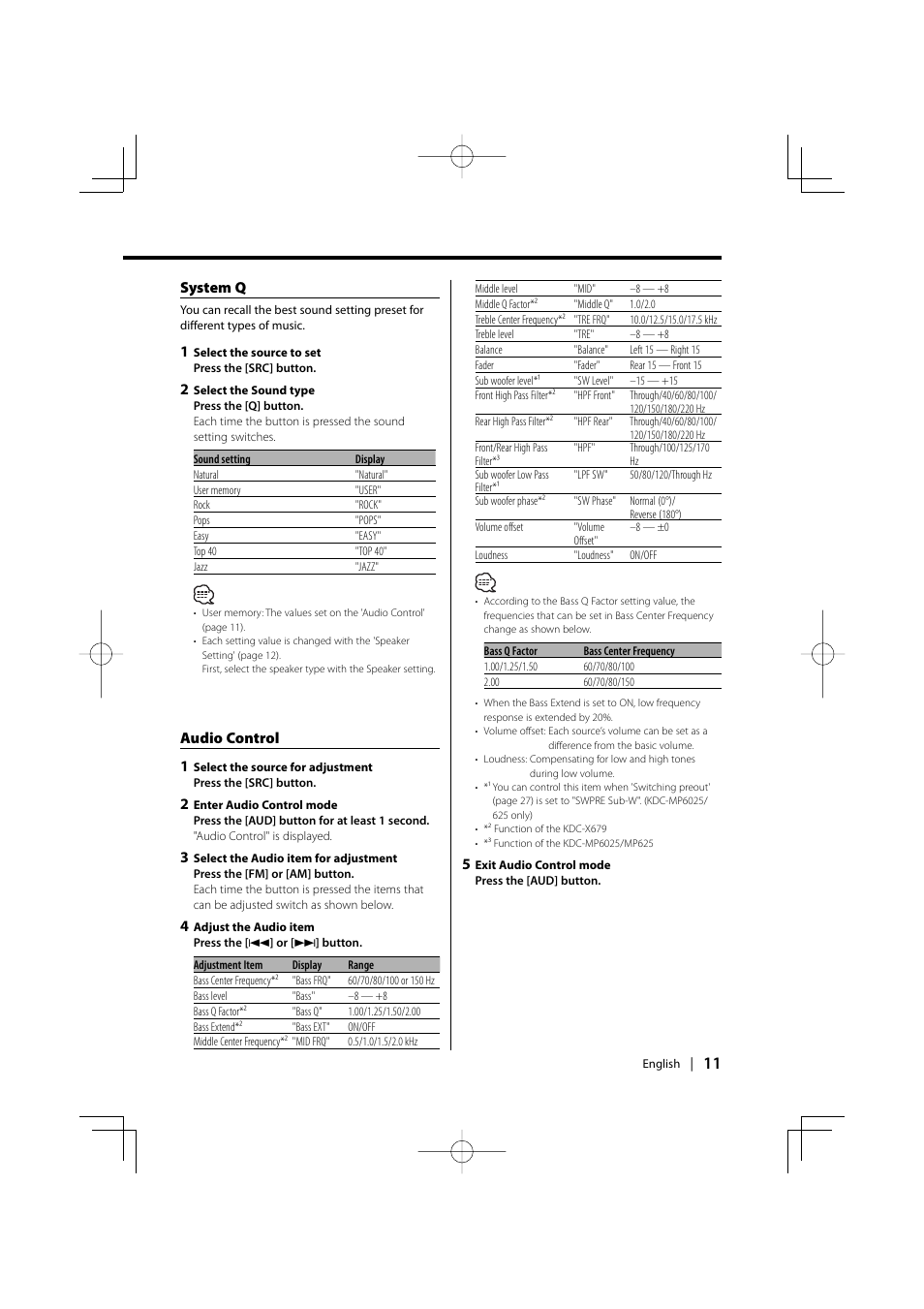 System q, Audio control 1 | Kenwood KDC-MP6025 User Manual | Page 11 / 40