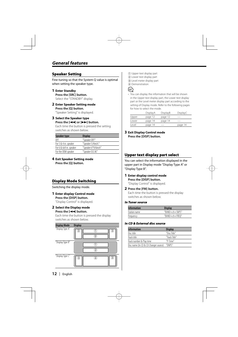 General features, Speaker setting, Display mode switching | Upper text display part select | Kenwood KDC-MP6025 User Manual | Page 12 / 40