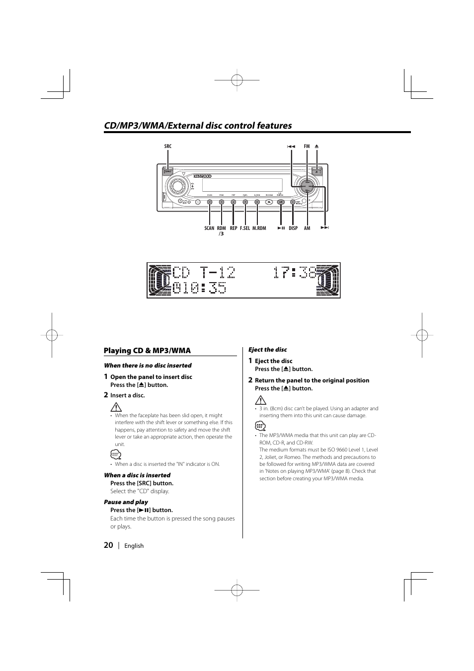 Cd/mp3/wma/external disc control features, Playing cd & mp3/wma | Kenwood KDC-MP6025 User Manual | Page 20 / 40