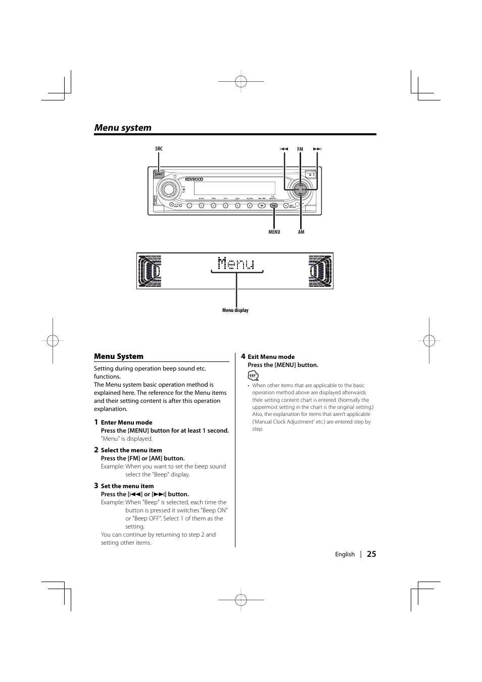 Menu system | Kenwood KDC-MP6025 User Manual | Page 25 / 40