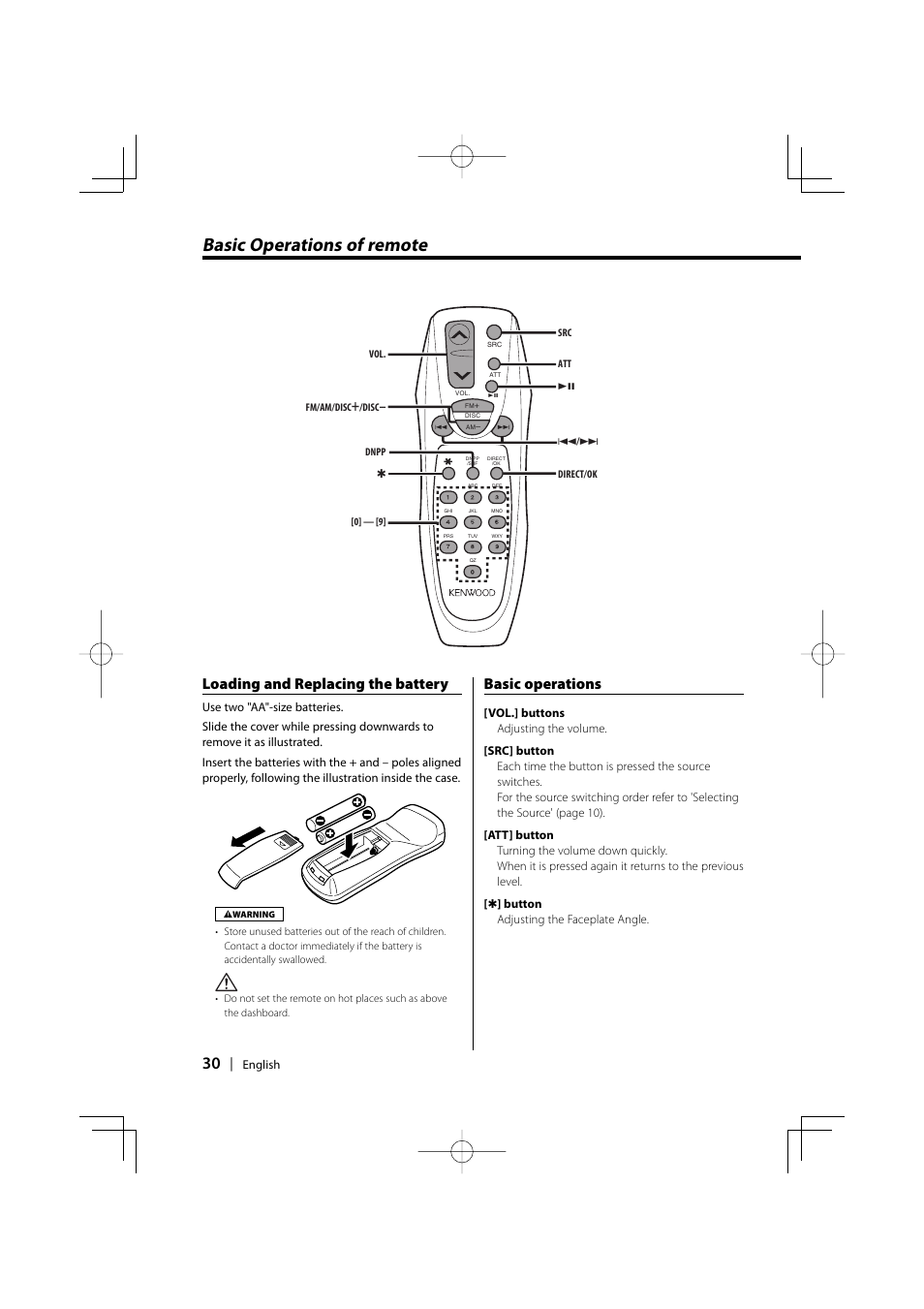 Basic operations of remote, Loading and replacing the battery, Basic operations | Kenwood KDC-MP6025 User Manual | Page 30 / 40