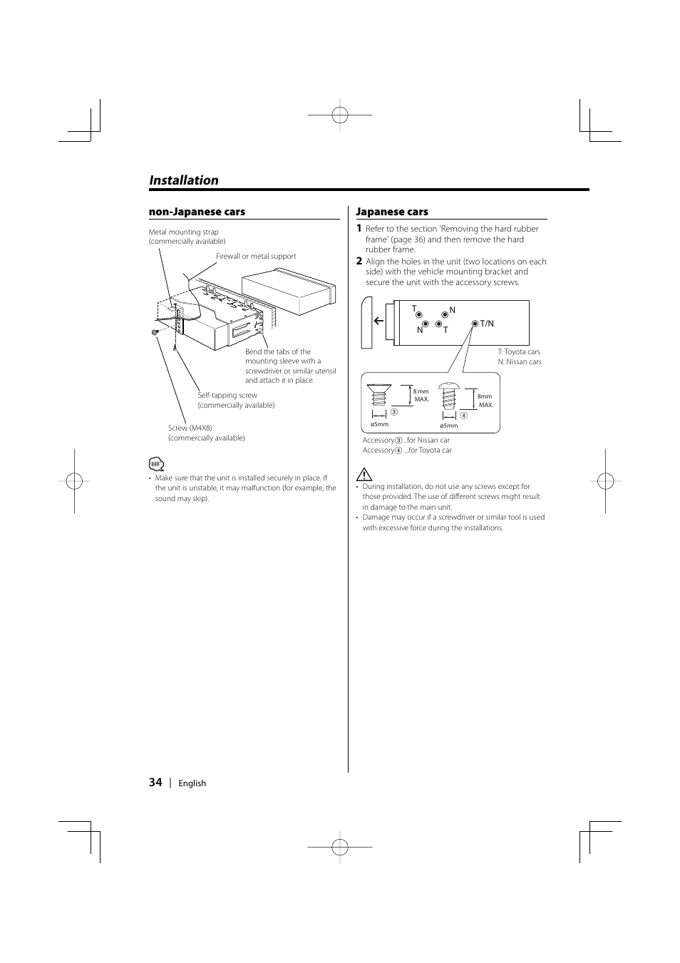 Installation, Non-japanese cars japanese cars 1 | Kenwood KDC-MP6025 User Manual | Page 34 / 40