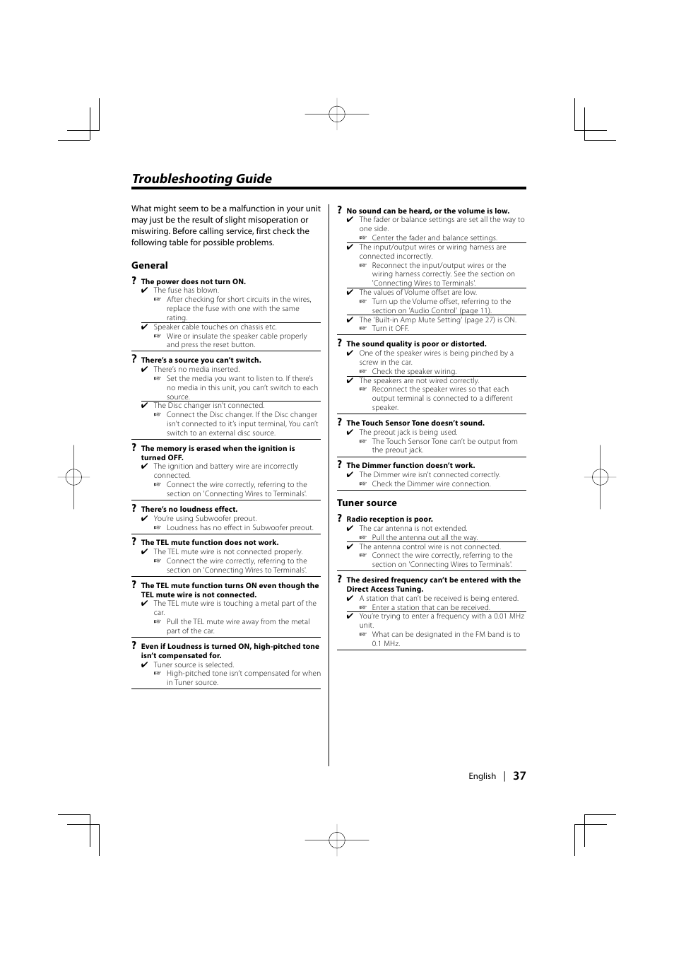 Troubleshooting guide | Kenwood KDC-MP6025 User Manual | Page 37 / 40