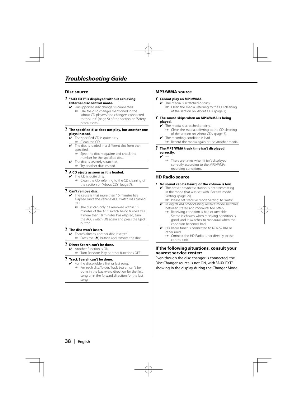 Troubleshooting guide | Kenwood KDC-MP6025 User Manual | Page 38 / 40
