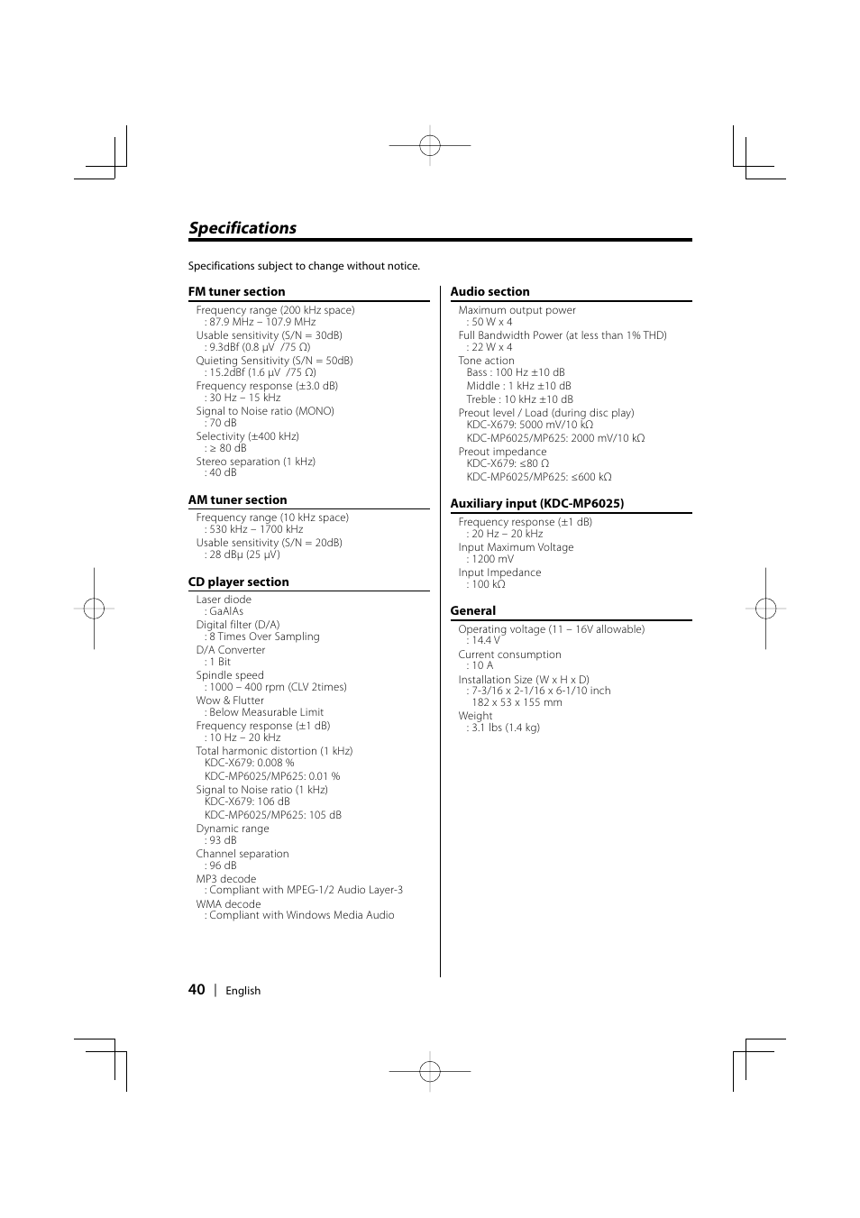 Specifications | Kenwood KDC-MP6025 User Manual | Page 40 / 40