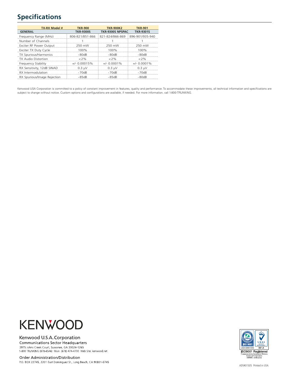 Specifications | Kenwood TKR-900 User Manual | Page 2 / 2