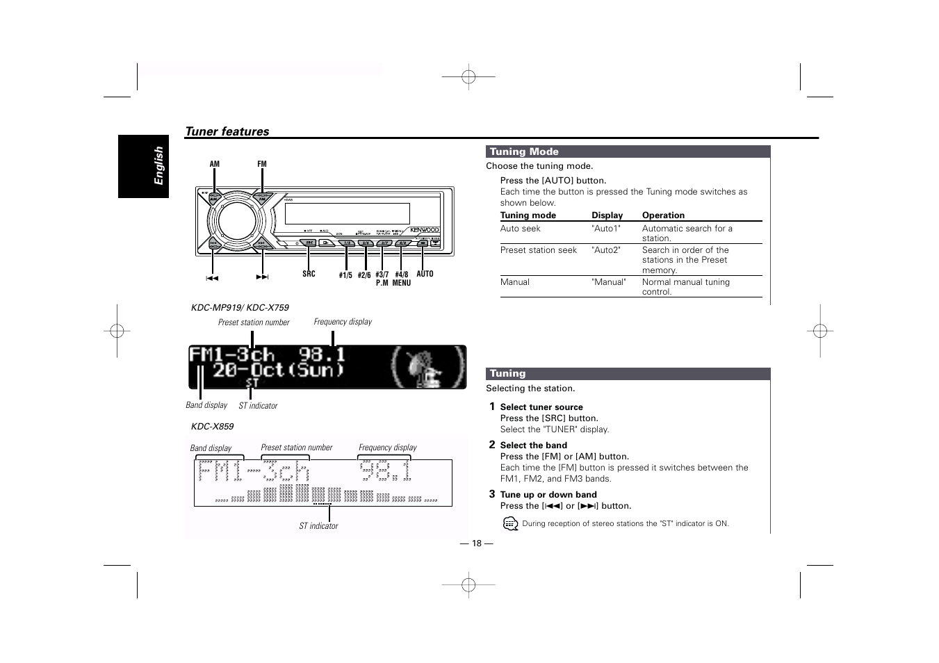Tuner features | Kenwood KDC-MP919 User Manual | Page 18 / 47
