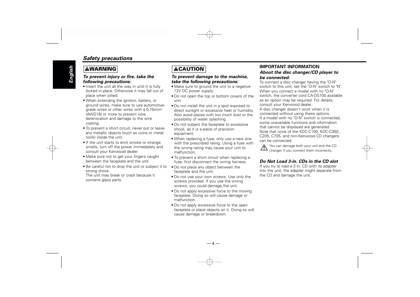 Safety precautions | Kenwood KDC-MP919 User Manual | Page 4 / 47