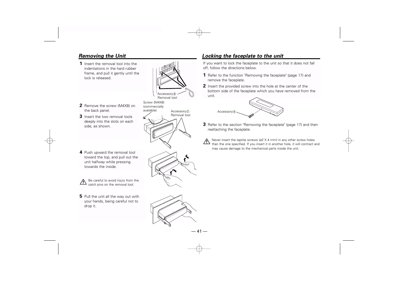 Removing the unit, Locking the faceplate to the unit | Kenwood KDC-MP919 User Manual | Page 41 / 47