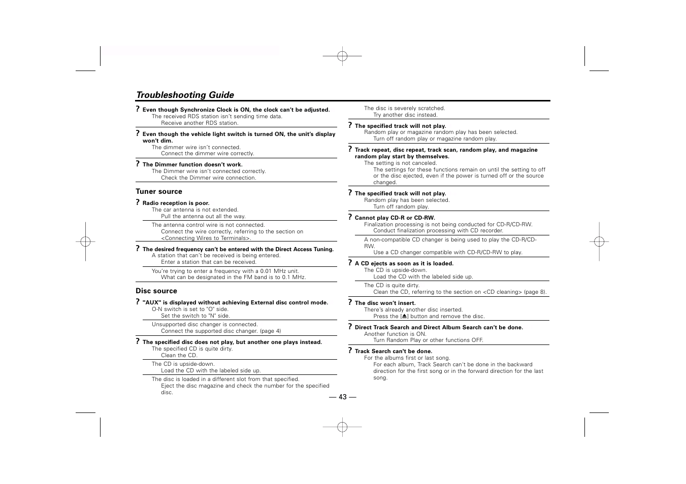 Troubleshooting guide | Kenwood KDC-MP919 User Manual | Page 43 / 47