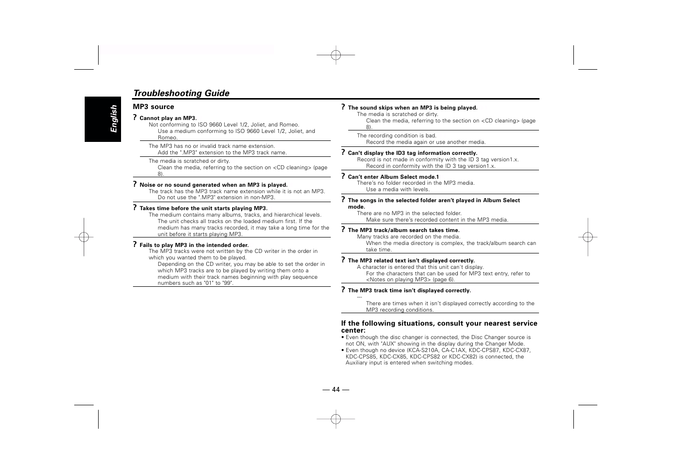 Troubleshooting guide | Kenwood KDC-MP919 User Manual | Page 44 / 47