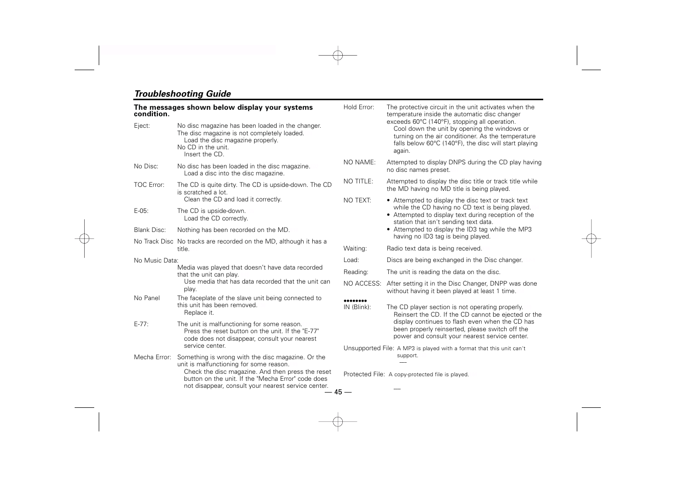 Troubleshooting guide | Kenwood KDC-MP919 User Manual | Page 45 / 47