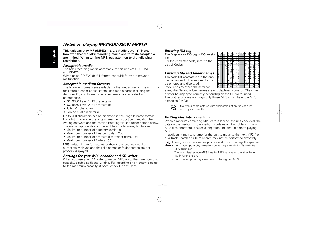 Notes on playing mp3(kdc-x859/ mp919) | Kenwood KDC-MP919 User Manual | Page 6 / 47