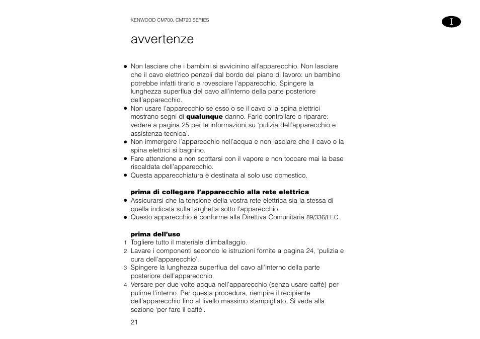 Avvertenze | Kenwood AROMATIKA CM720 User Manual | Page 23 / 28