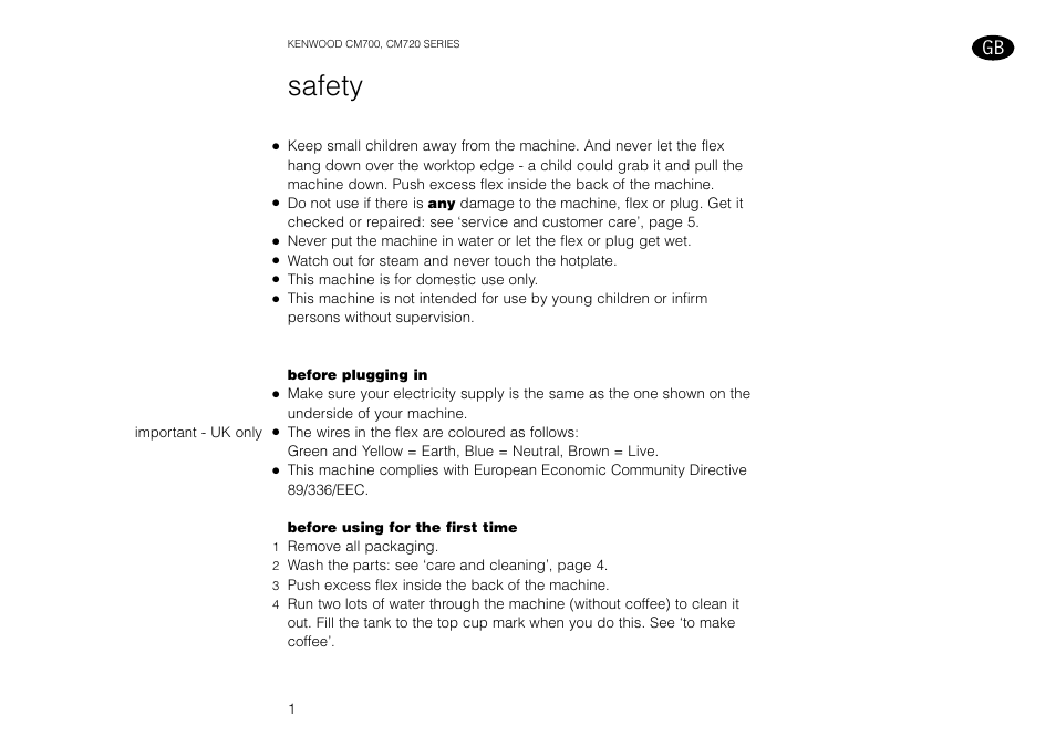 Safety | Kenwood AROMATIKA CM720 User Manual | Page 3 / 28