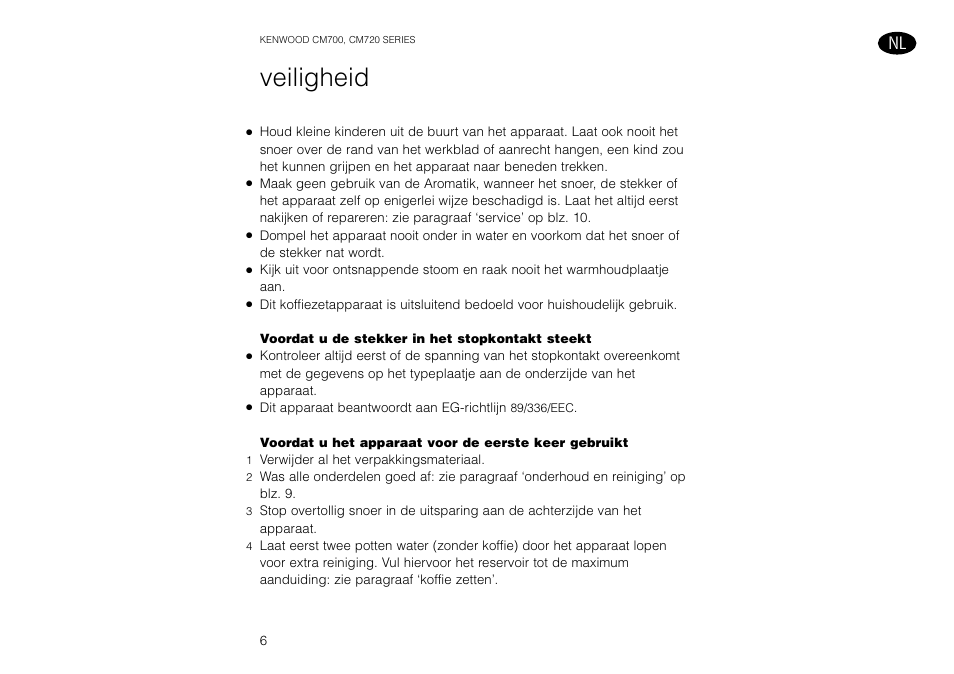 Veiligheid | Kenwood AROMATIKA CM720 User Manual | Page 8 / 28