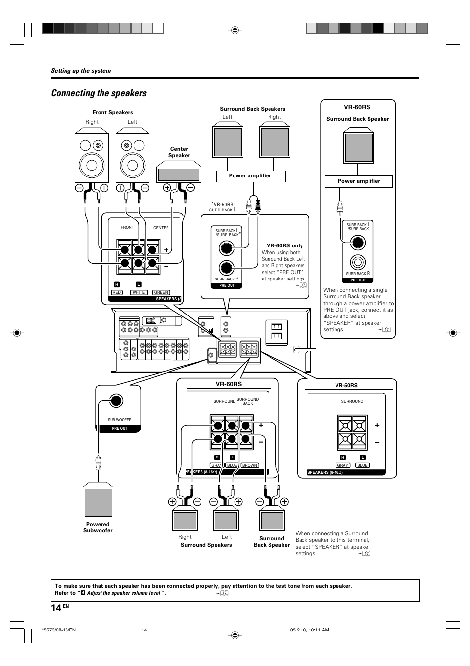 Connecting the speakers, Setting up the system | Kenwood VR-60RS User Manual | Page 14 / 32