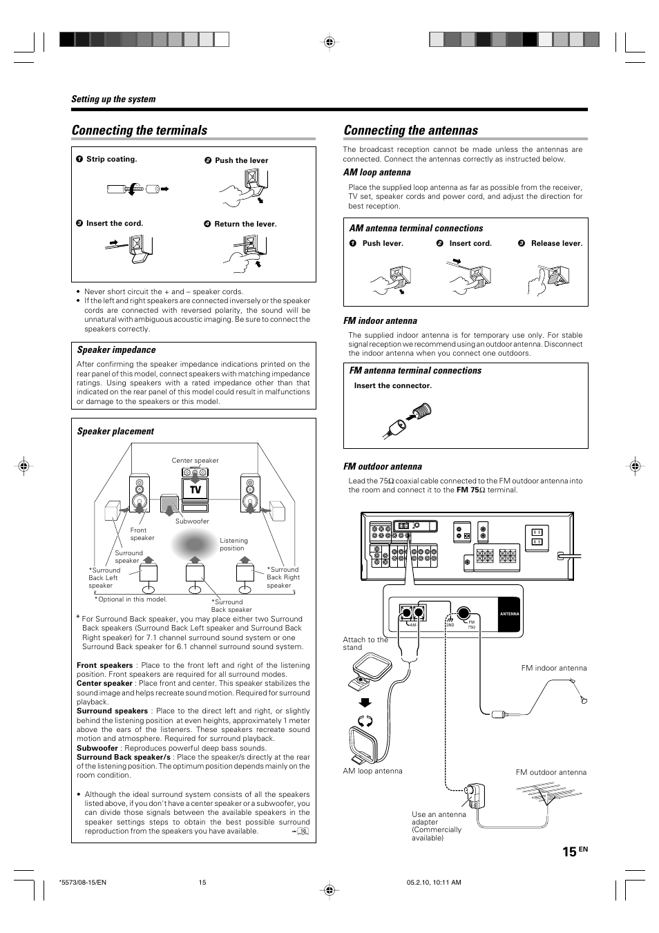 Connecting the terminals, Connecting the antennas | Kenwood VR-60RS User Manual | Page 15 / 32