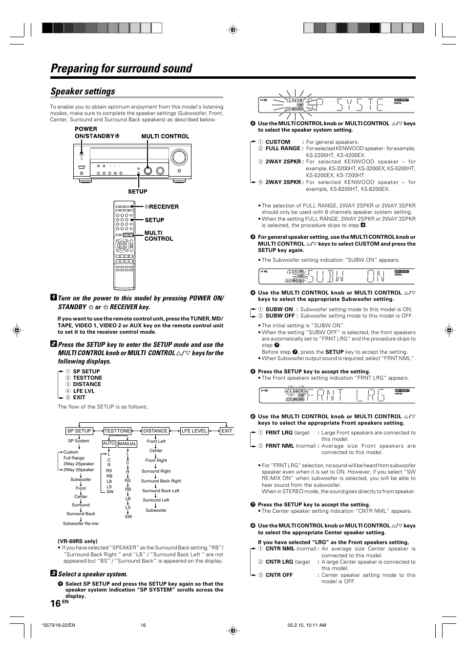 Preparing for surround sound, Speaker settings | Kenwood VR-60RS User Manual | Page 16 / 32