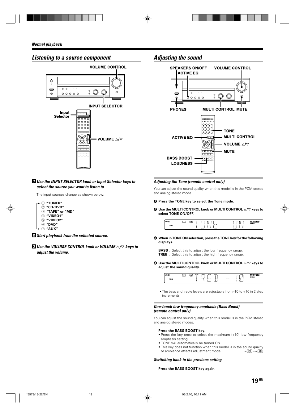 Listening to a source component, Adjusting the sound | Kenwood VR-60RS User Manual | Page 19 / 32