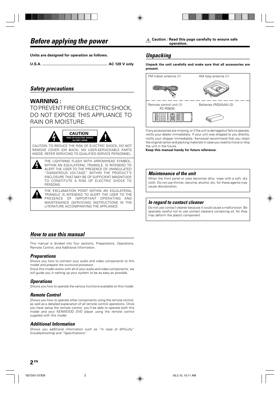 Before applying the power, How to use this manual, Unpacking | Maintenance of the unit, Preparations, Operations, Remote control, Additional information | Kenwood VR-60RS User Manual | Page 2 / 32