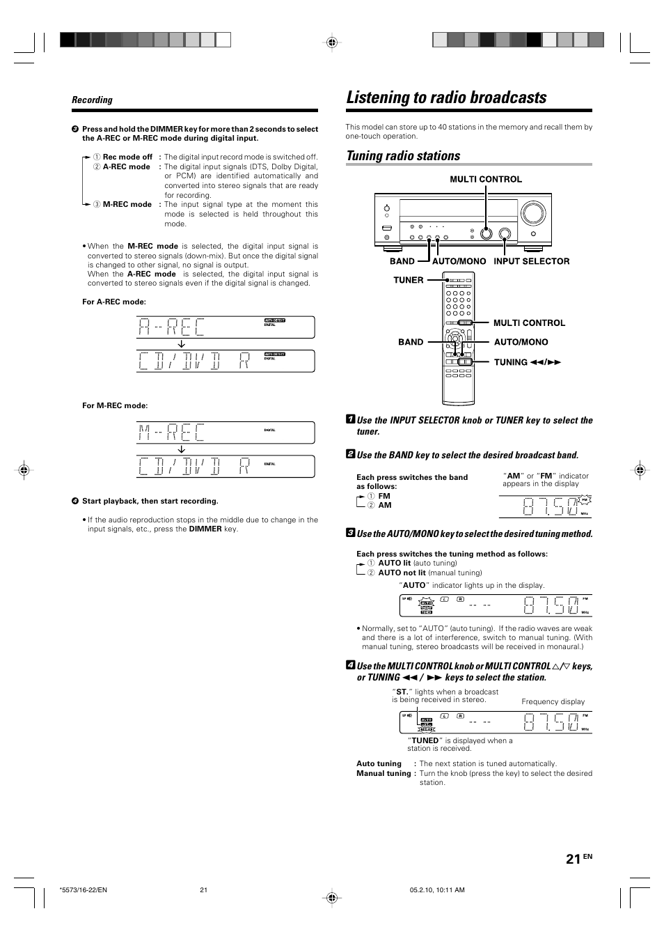 Listening to radio broadcasts, Tuning radio stations | Kenwood VR-60RS User Manual | Page 21 / 32